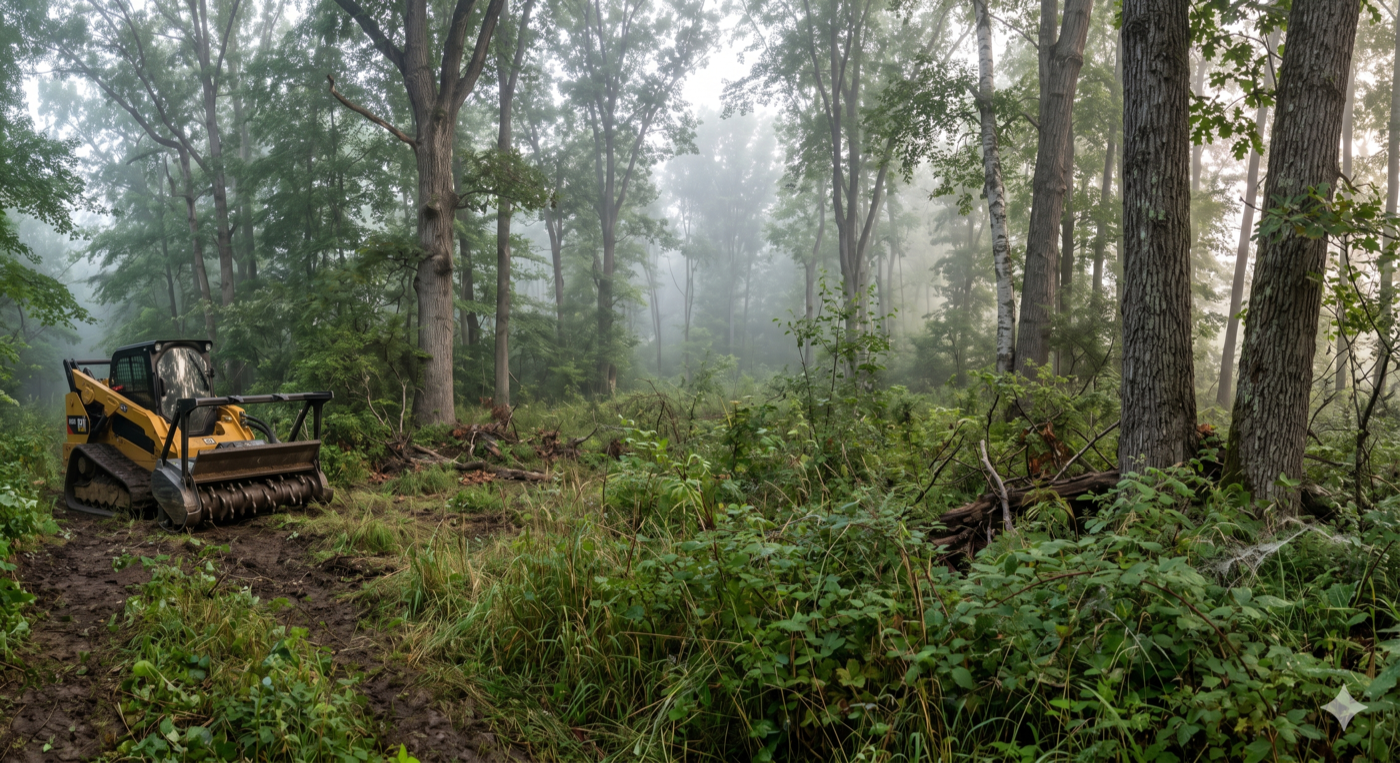 Dense, overgrown wooded lot before forestry mulching